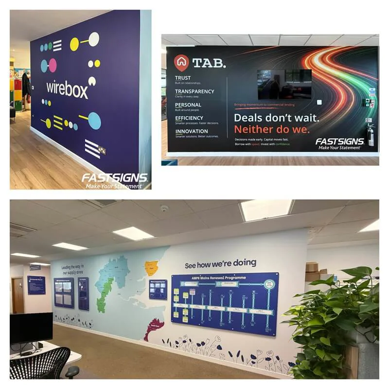3D acrylic reception logo mounted on a seamless one-piece wallpaper mural by FASTSIGNS St Albans.